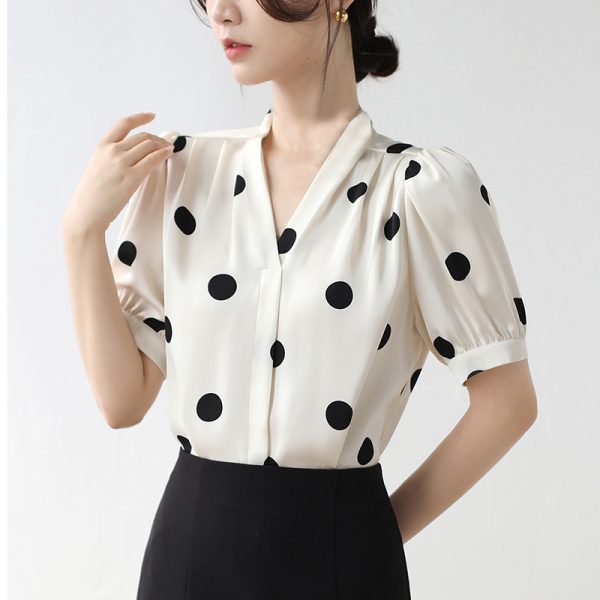 Frenum retro polka dot shirt short sleeve rose tops for women
