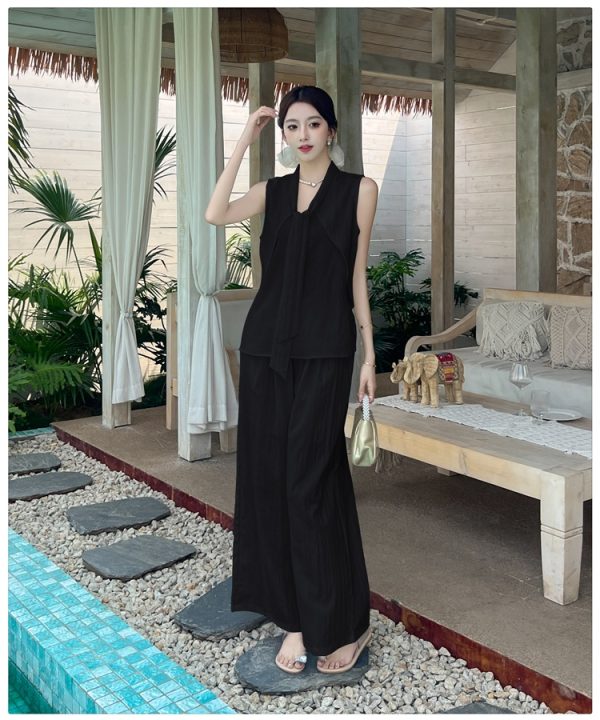 Simple lazy wide leg pants summer tops 2pcs set