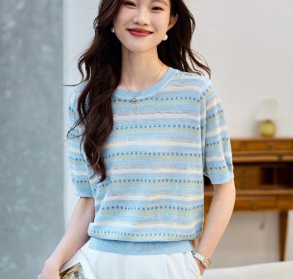Thin summer sweater stripe hollow T-shirt for women