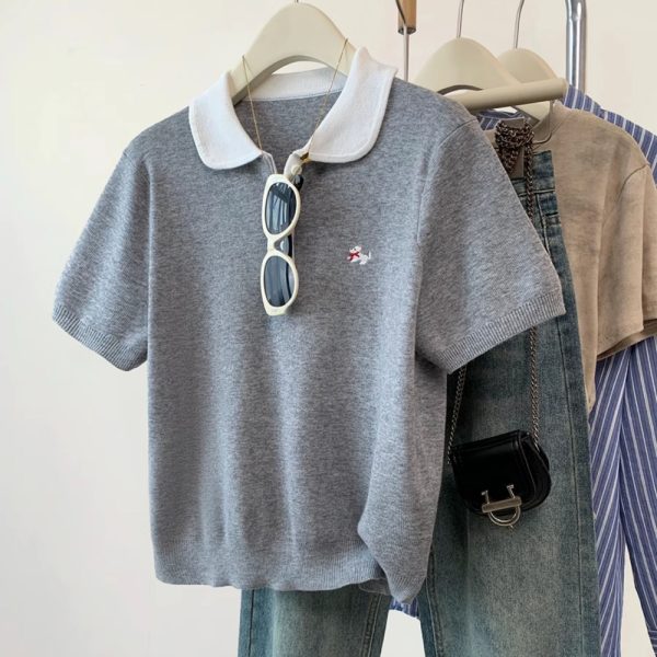 Short short sleeve gray doll shirt summer knitted tops