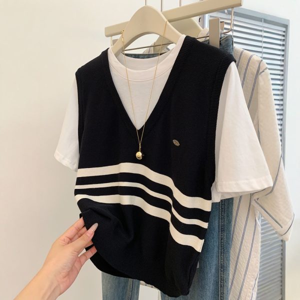 Pseudo-two sweater spring and summer tops for women