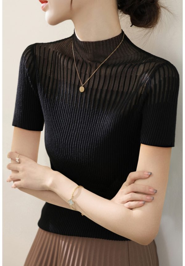 Half high collar lace hollow slim tops for women