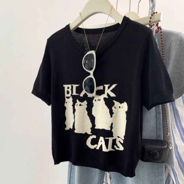 Short summer ice silk T-shirt black knitted thin tops