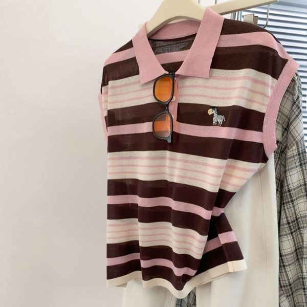 Spring and summer knitted tops ice silk stripe T-shirt