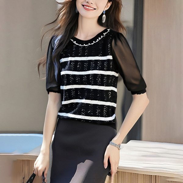 Stripe thin tops short sleeve spring and summer sweater