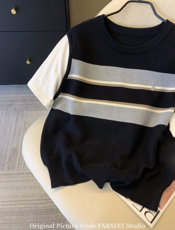Stripe knitted tops Pseudo-two summer T-shirt