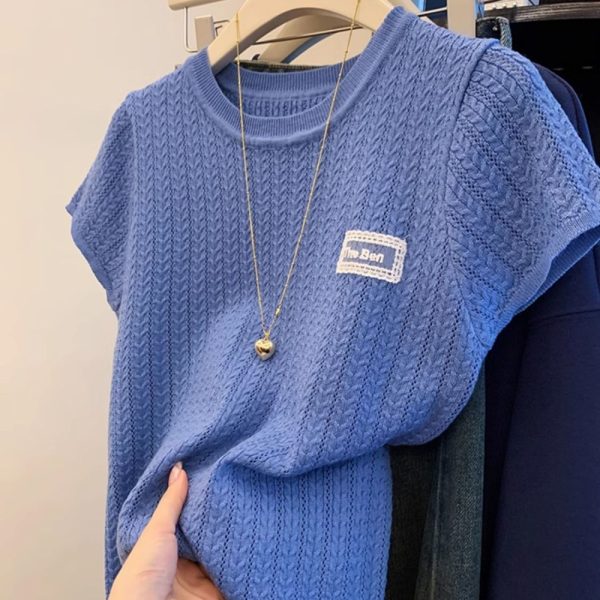 Short sleeve temperament tops ice silk round neck T-shirt