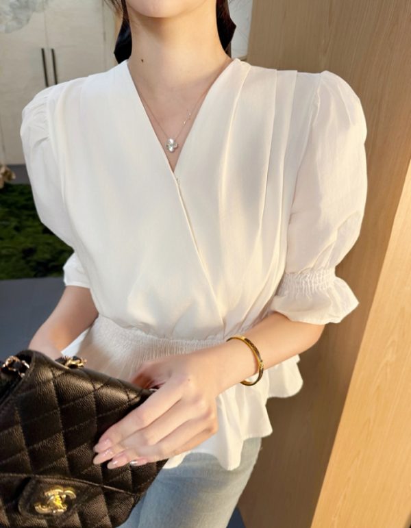 V-neck white short sleeve tops France style niche shirt